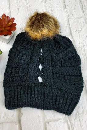 #12 Black Ponytail Pom-Pom Beanie