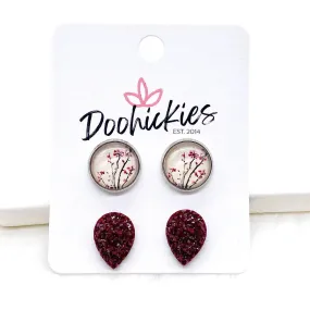 12mm Cherry Blossom & Burgundy Teardrops in SS -Fall Earring