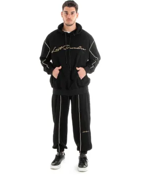 Completo Tuta Uomo Cotone Nero Oversize Relaxed Fit Felpa Con Cappuccio Pantaloni GIOSAL-OU2269A