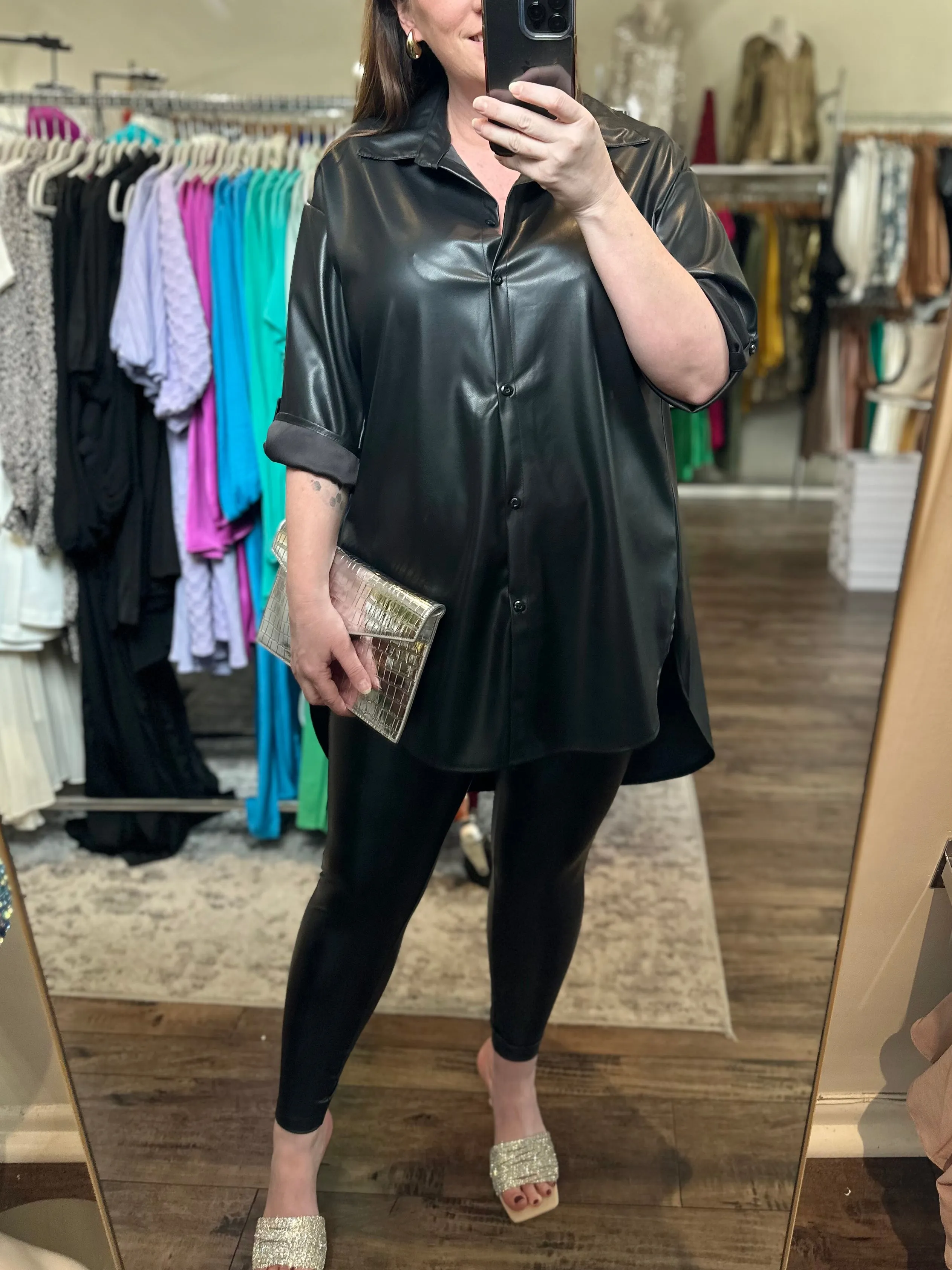 Faux Leather Button Down Tunic