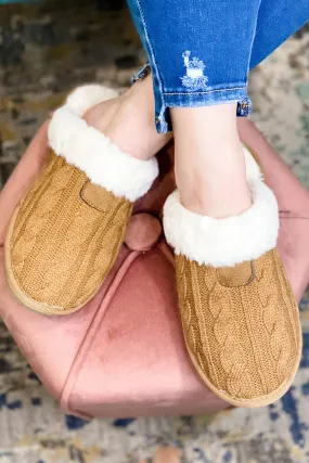 Fluffy Feet- {Off White & Tan} Cable Knit House Slippers w/ Faux Fur Lining