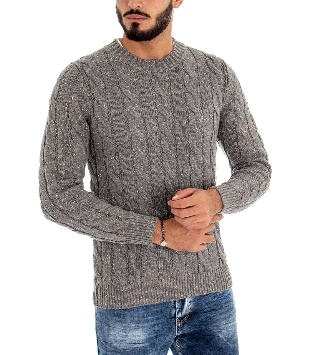 Maglioncino Uomo Maglia Girocollo Maglione Melangiato Grigio Trecce GIOSAL-M1835A