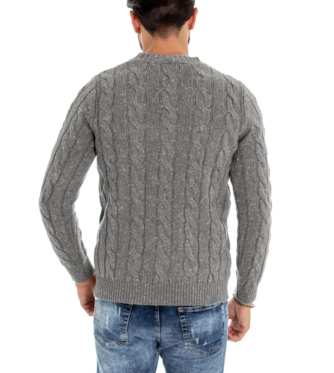 Maglioncino Uomo Maglia Girocollo Maglione Melangiato Grigio Trecce GIOSAL-M1835A