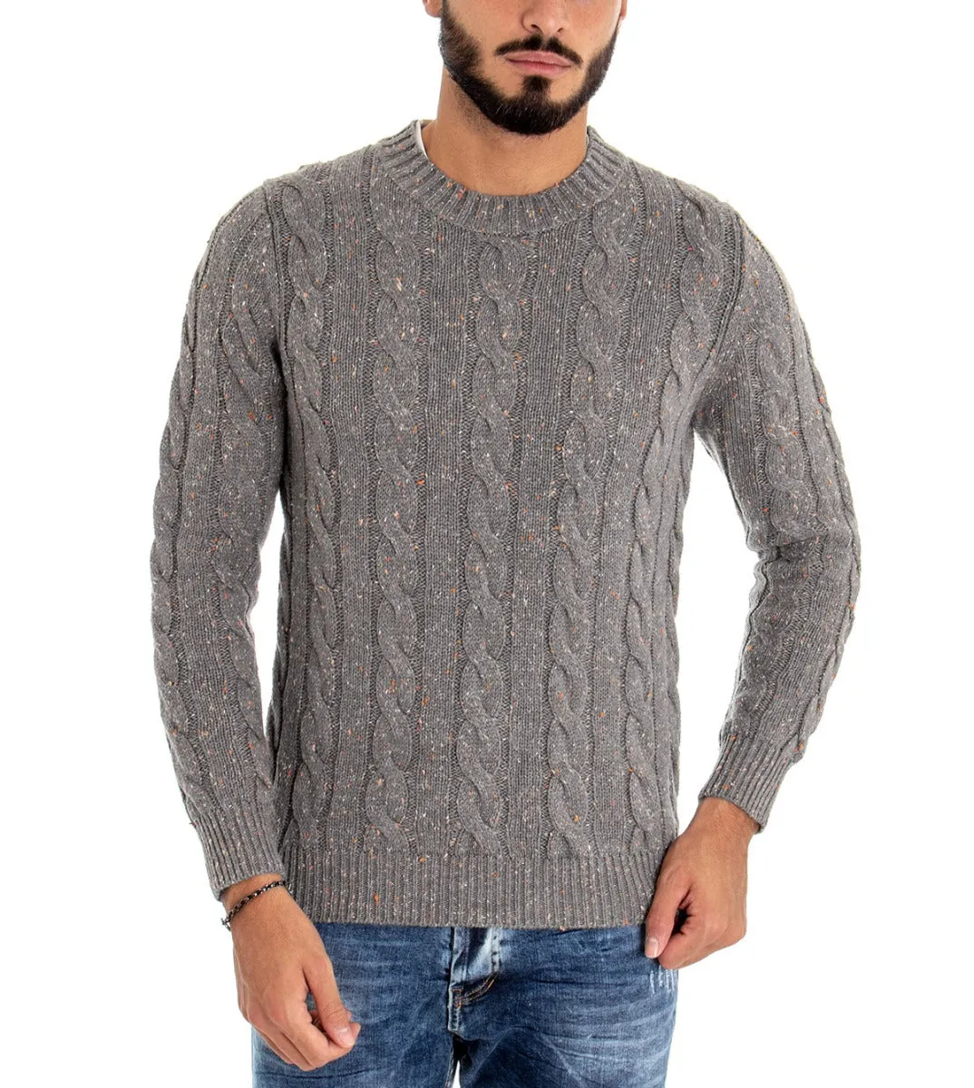 Maglioncino Uomo Maglia Girocollo Maglione Melangiato Grigio Trecce GIOSAL-M1835A