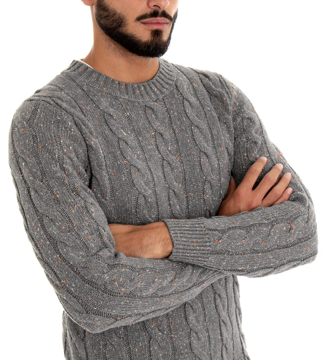 Maglioncino Uomo Maglia Girocollo Maglione Melangiato Grigio Trecce GIOSAL-M1835A