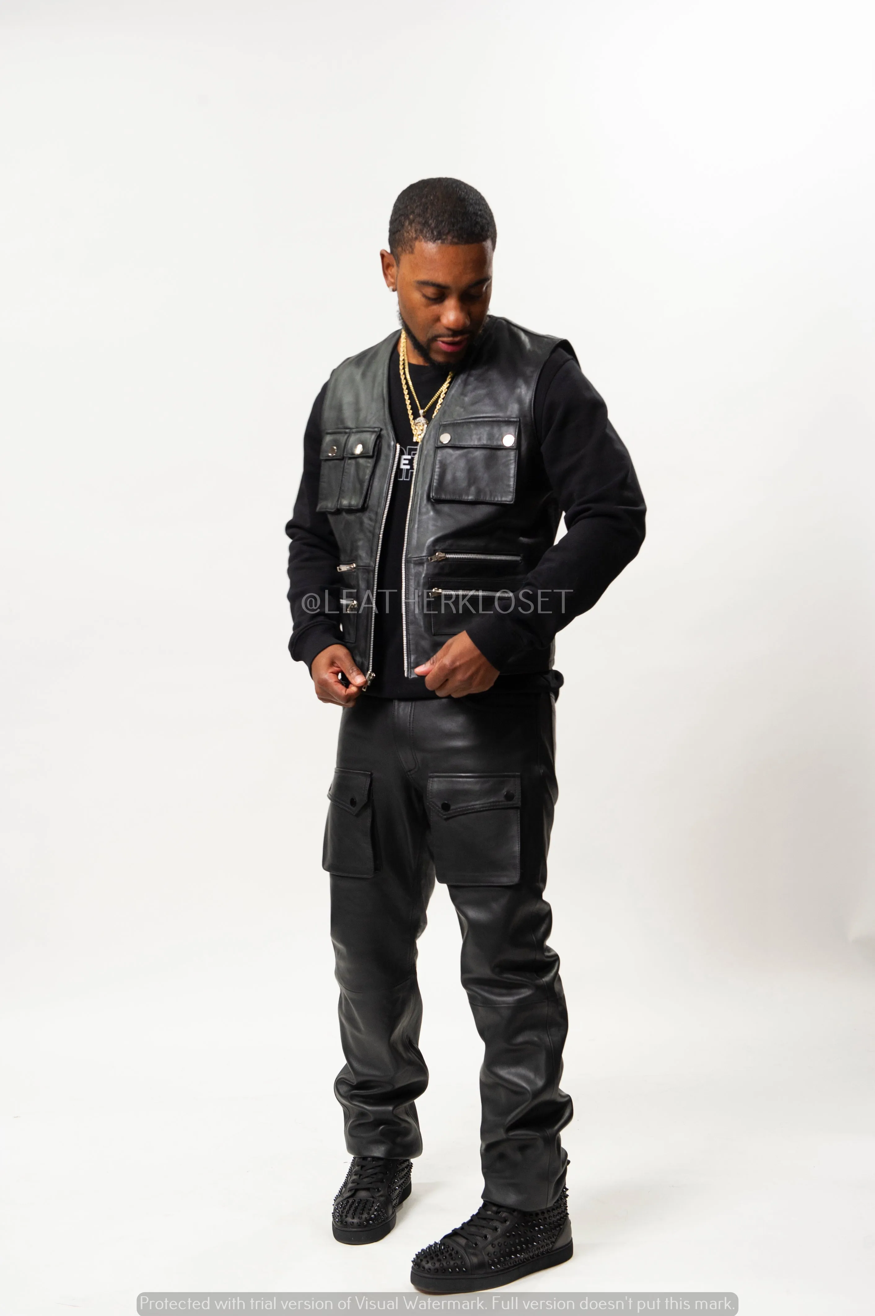 Men's Leather Tactical Vest With Leather Cargo Pants Black [Slim-Cut]