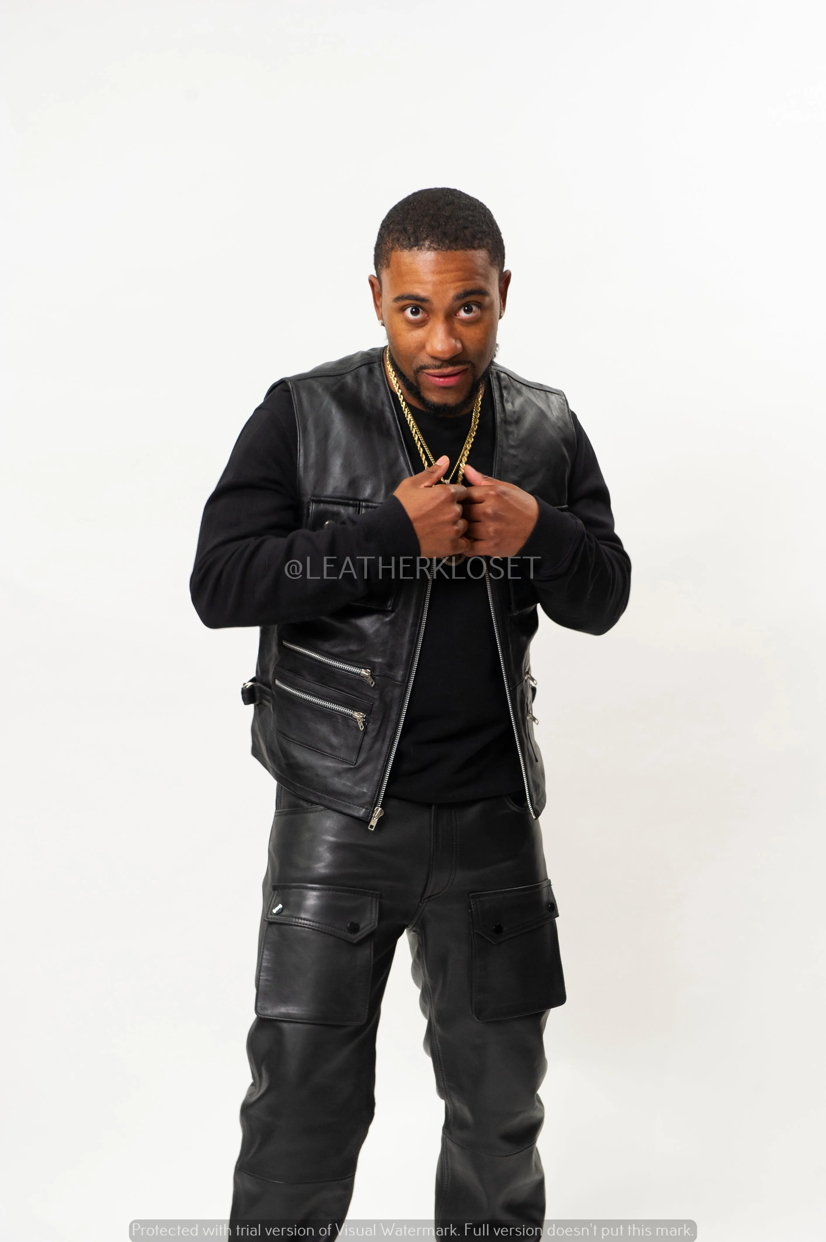 Men's Leather Tactical Vest With Leather Cargo Pants Black [Slim-Cut]