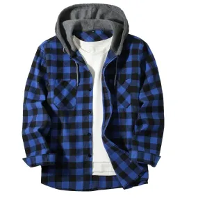 Men's Shirts Classic Plaid Casual Button Down Hooded Long Sleeved Double Pockets Shirt Hoodie Flannel Jacket Tops