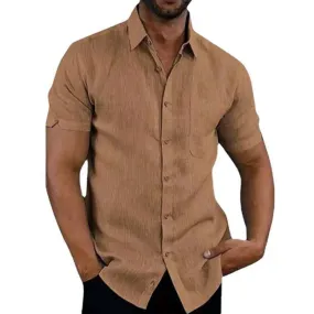 Summer Cotton Linen Casual Shirts Men Short Sleeve Solid Color